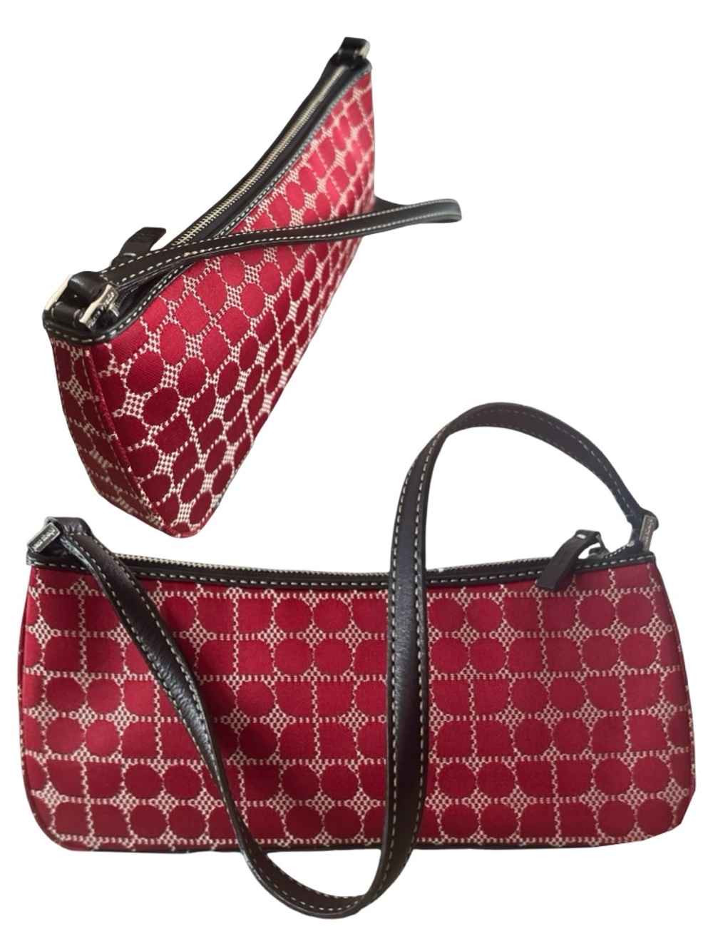 Kate Spade Vintage Noel Dot Ruby Red Canvas Leather Medium Shoulder Bag Handbag